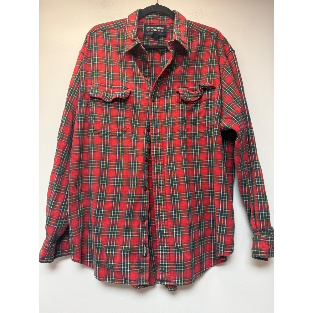 Abercrombie & Fitch Flannel Shirt Mens XL Red Plaid Excellent Cotton Button Up